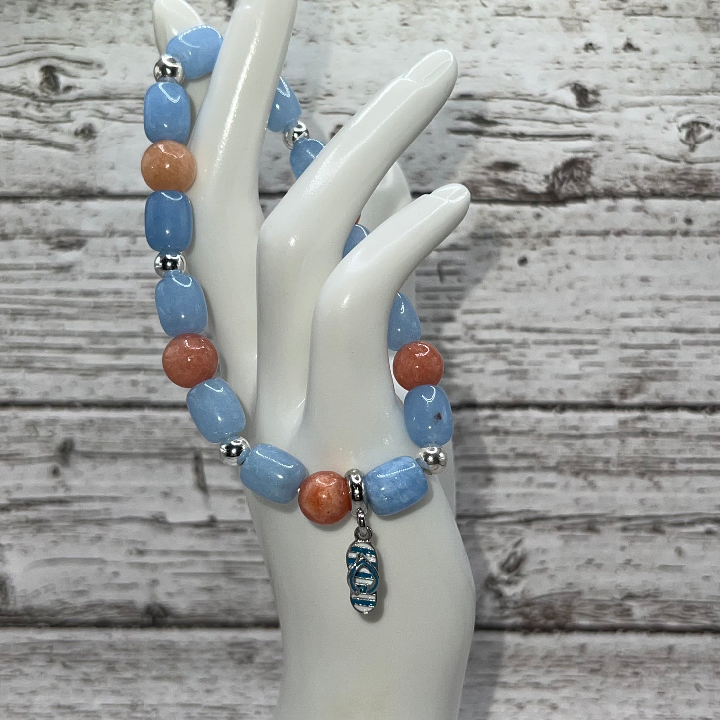 Flip Flopping Fun Orange Calcite and Blue Chalcedony Bracelet with Flip Flop Charm