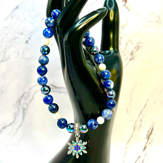 Sodalite and Pearl Bracelet with Snowflake Charm