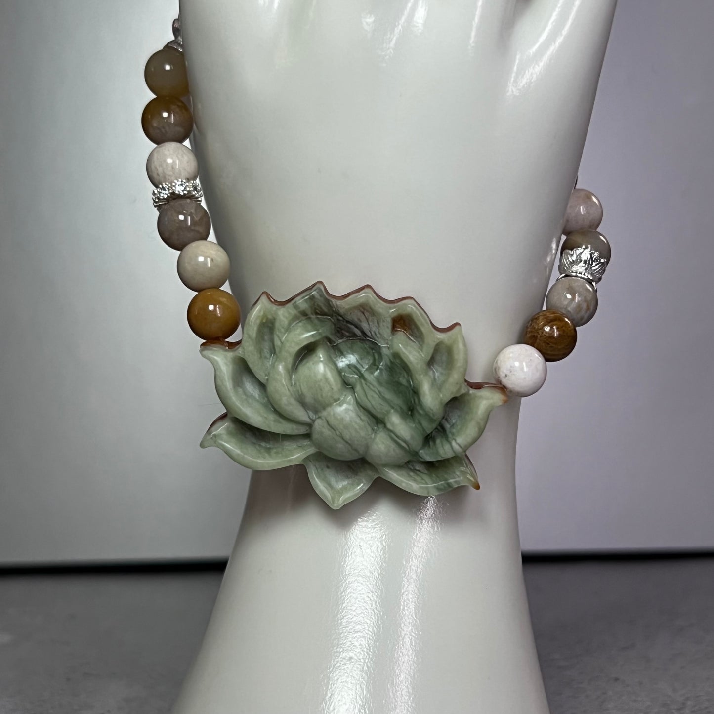 Carved Jade Lotus Flower Stretch Bracelet
