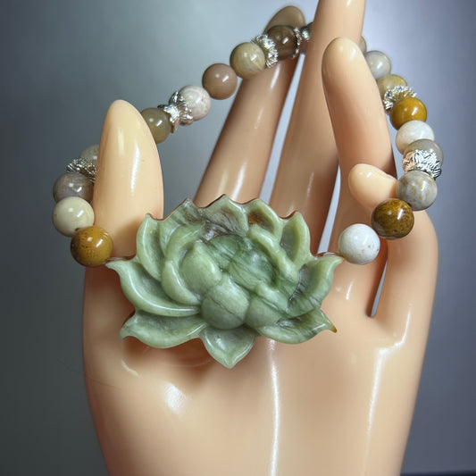 Carved Jade Lotus Flower Stretch Bracelet