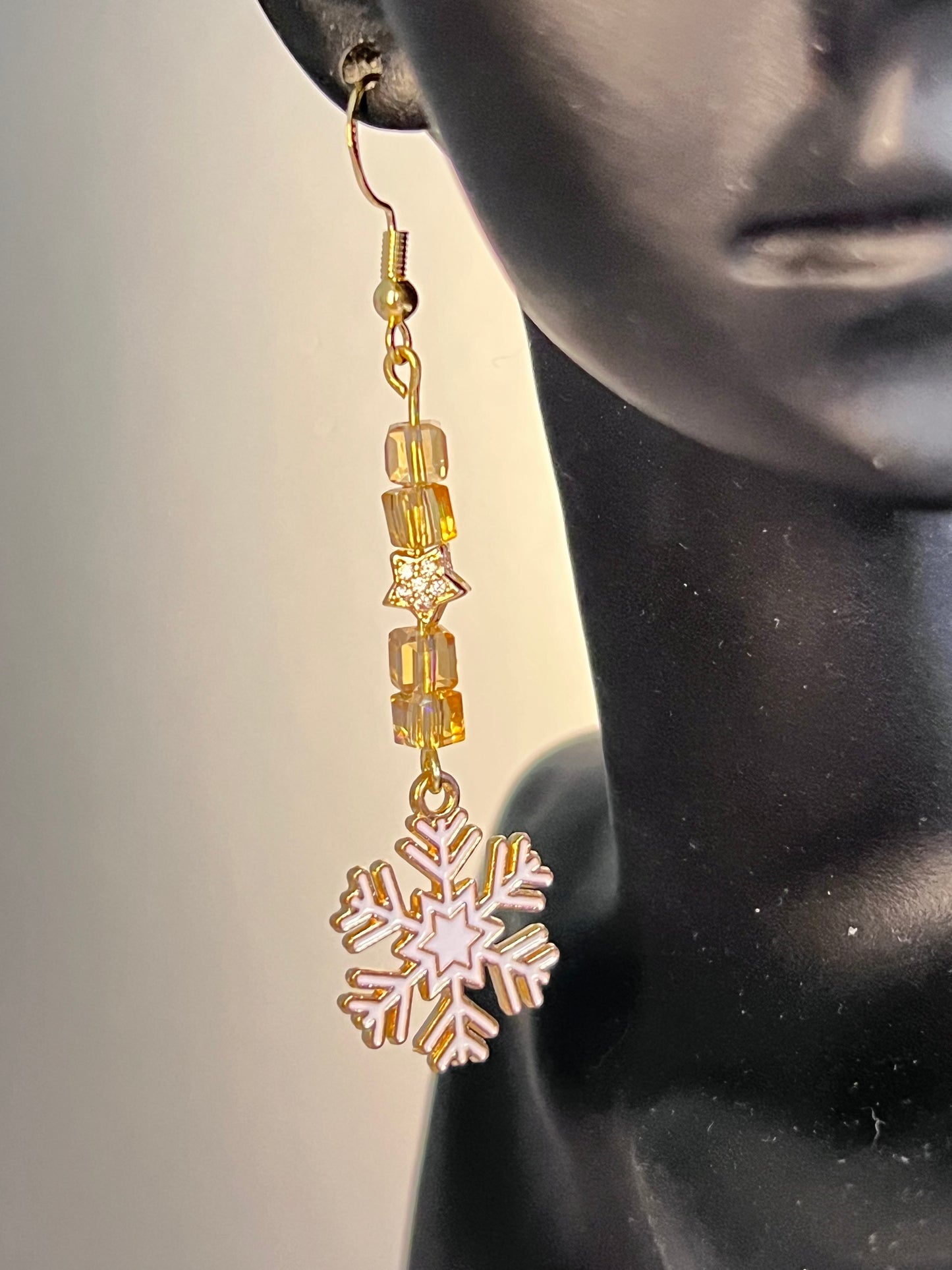 White and Gold Snowflake Charm Earrings