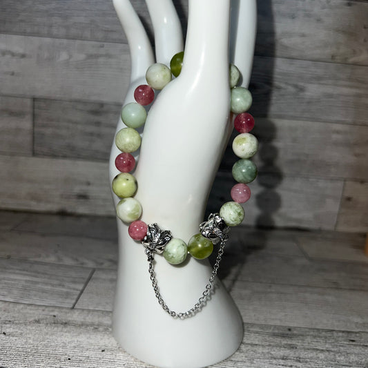 Green Jadeite and Pink Tourmaline Stretch Bracelet