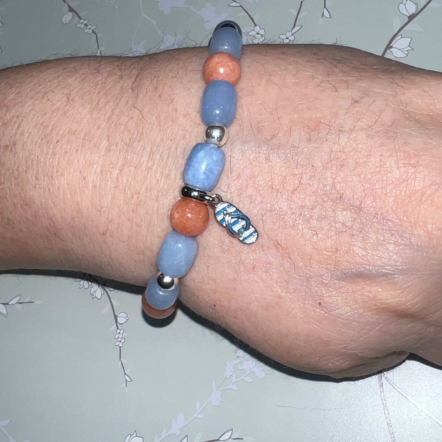 Flip Flopping Fun Orange Calcite and Blue Chalcedony Bracelet with Flip Flop Charm