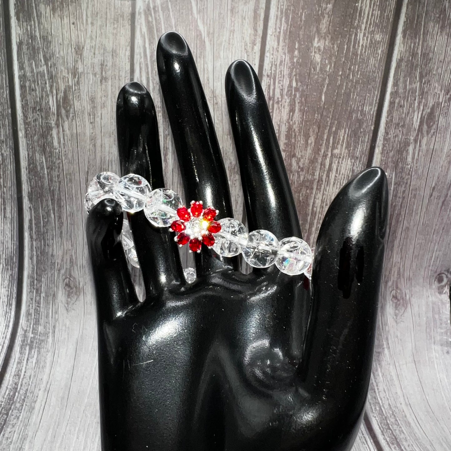 Poinsettia and Clear Crackled Quartz Bracelet