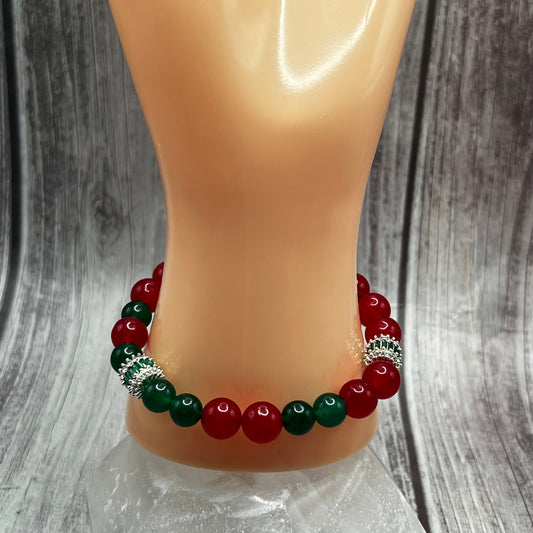 Red and Green Chalcedony Bracelet with Sparkly Spacers