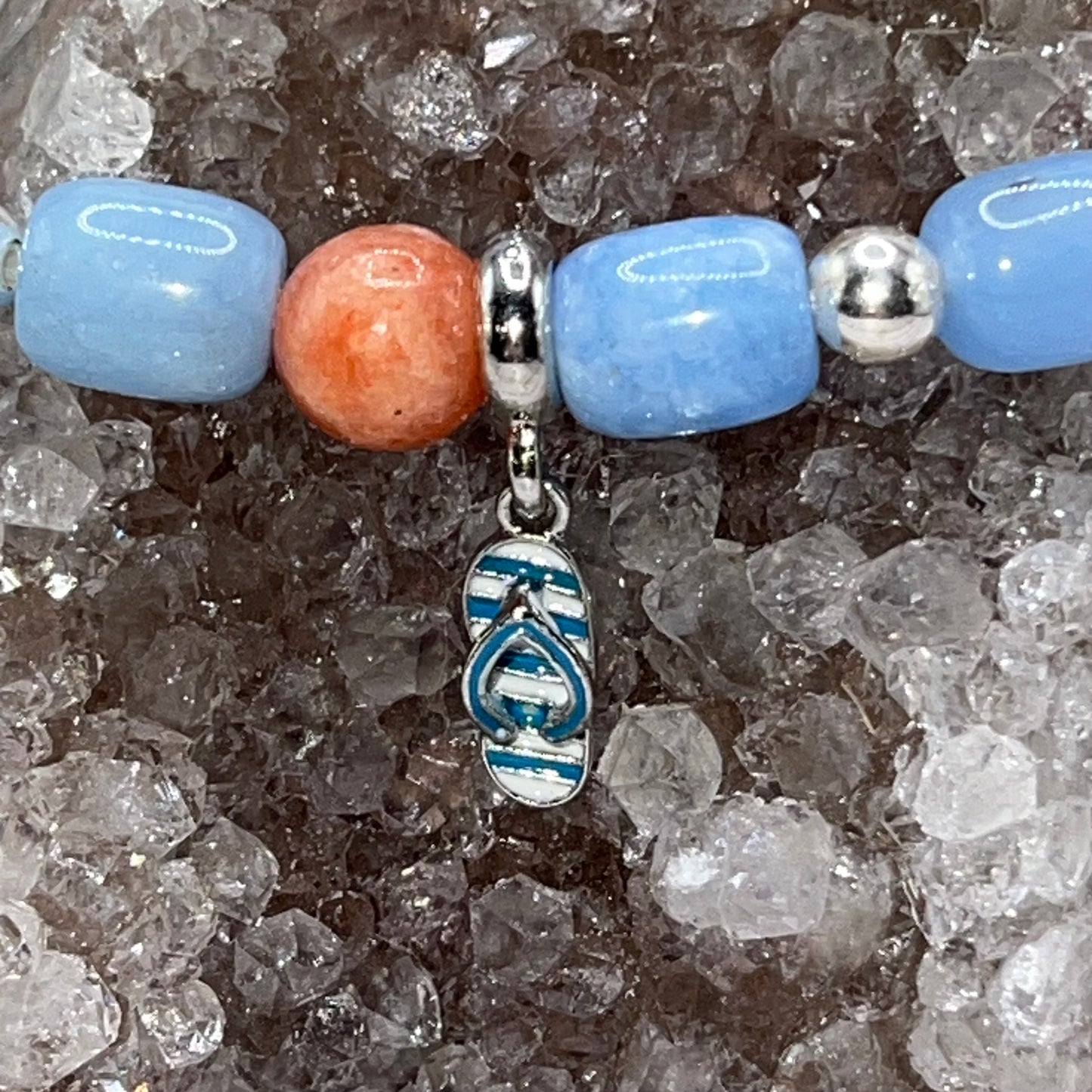 Flip Flopping Fun Orange Calcite and Blue Chalcedony Bracelet with Flip Flop Charm