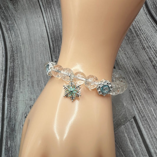 Clear Crackled Quartz Bracelet with Snowflake Charm