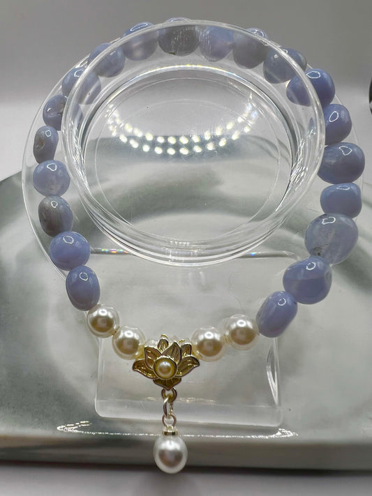 Blue Lace Agate and Pearl Lotus Flower Bracelet